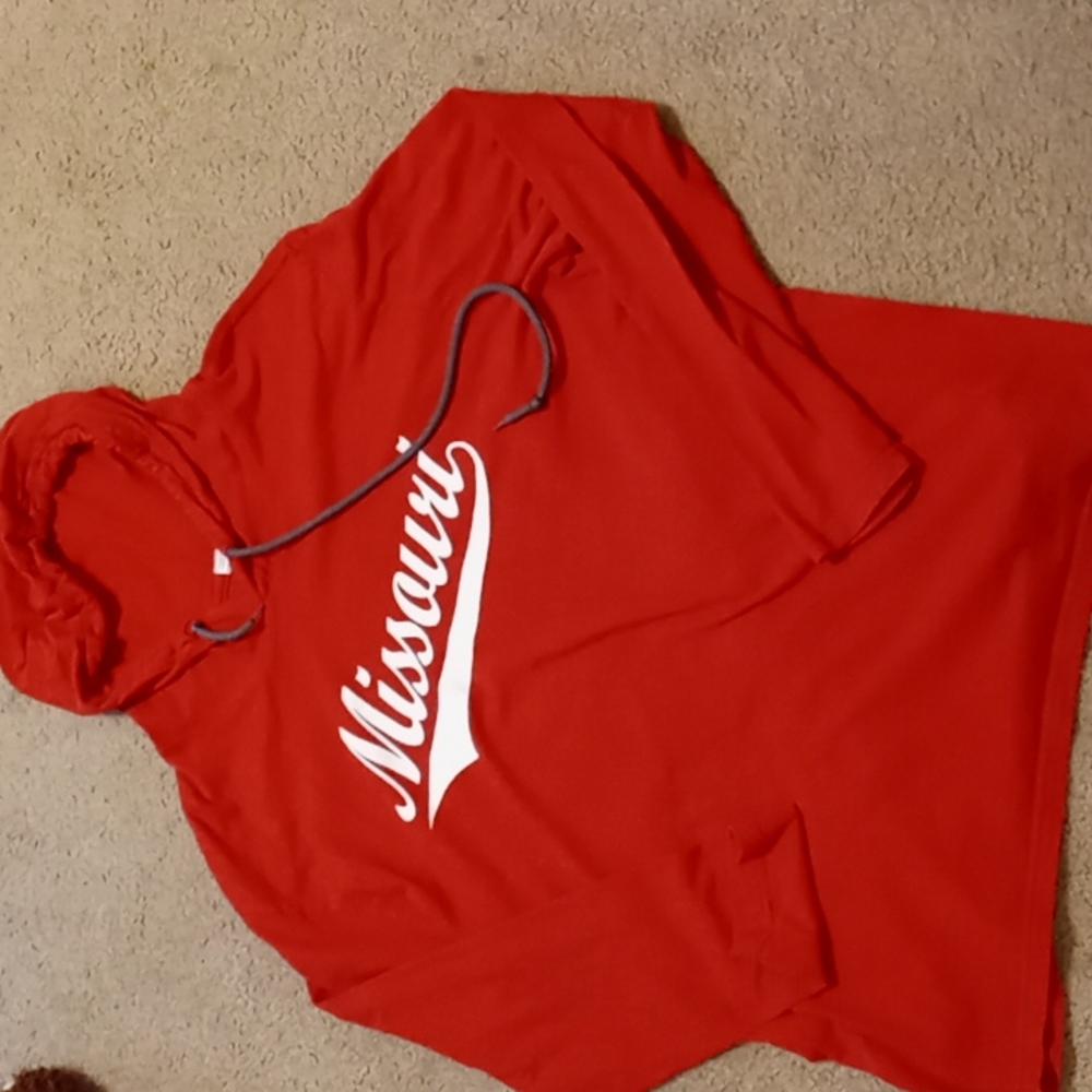 Missouri light-weight long-sleeved Anvil hoodie shirt, Christmas red. Women XL.